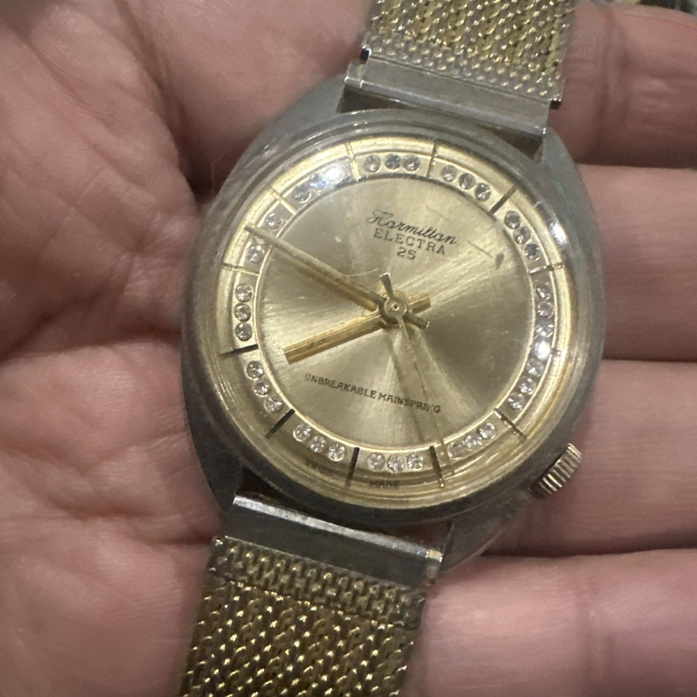 VINTAGE HORMILTON ELECTRA 25 CRYSTAL Mens Watch 34mm Gold Tone Fit 8” For Repair